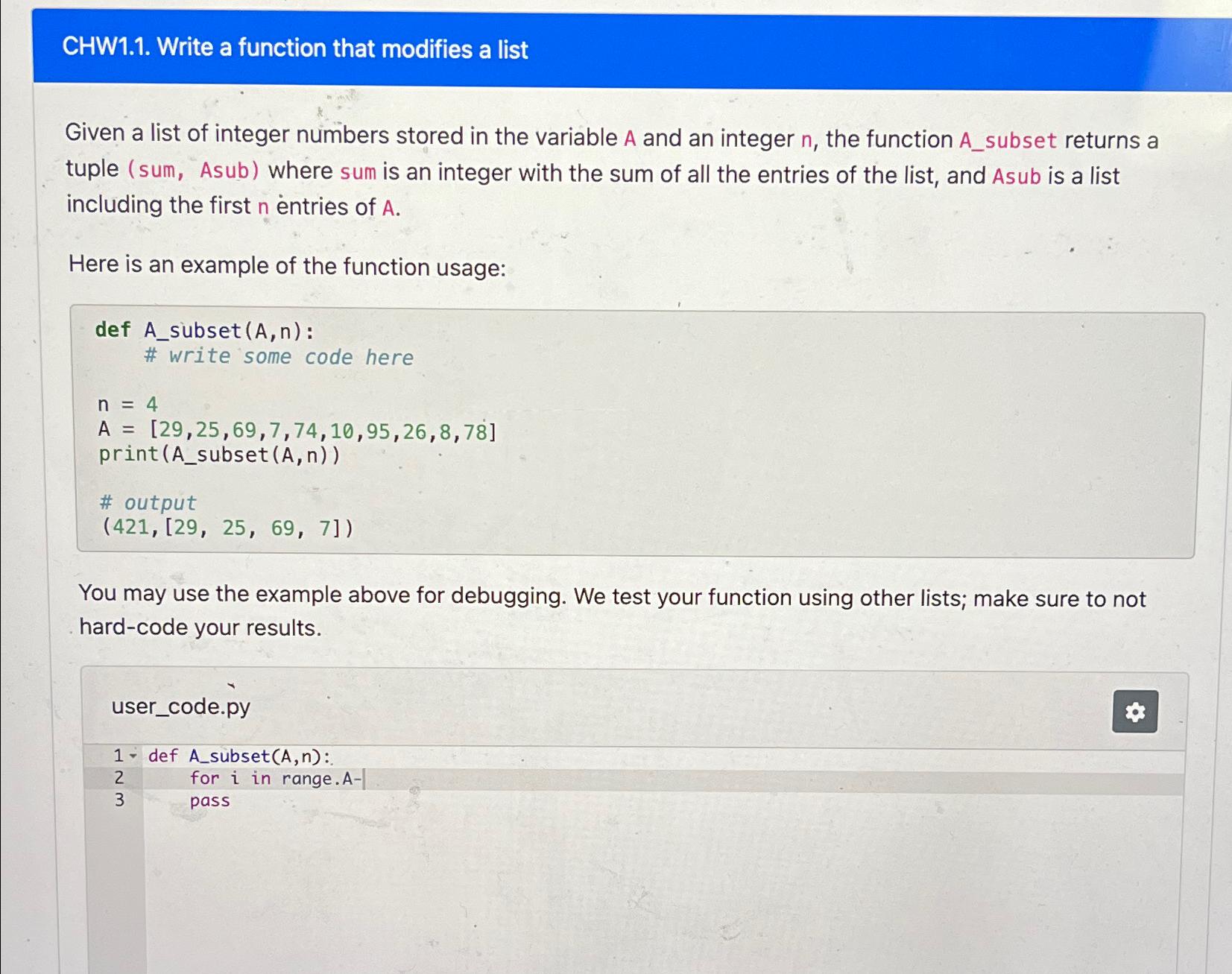  CHW1.1. Write a function that modifies a list Given a list