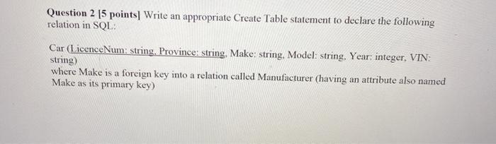  Question 2 15 points Write an appropriate Create Table statement to