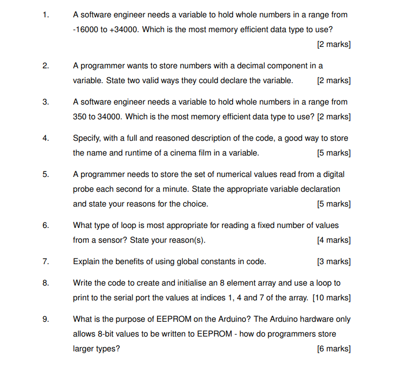  1. A software engineer needs a variable to hold whole numbers