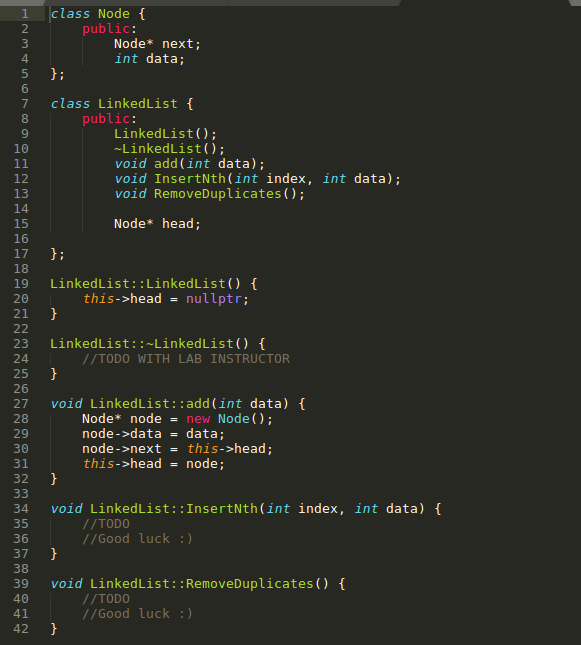 class LinkedList { public: LinkedList(); ~LinkedList(); void add(int data); void InsertNth(int index,