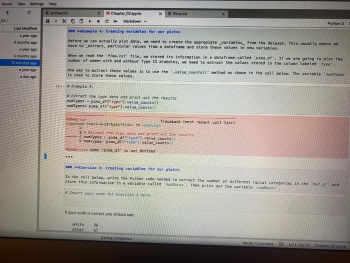  Kernel Tabs Settings Help birthwt.tut X Pima.Det Chapter 02.ipynb Markdown 02/