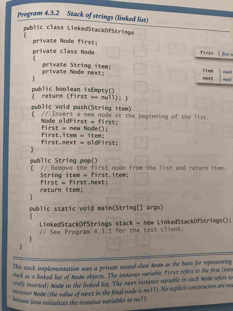 Modify the LinkedStackOfStrings.java program given in the textbook (program 4.3.2) by adding