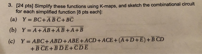  3. [24 pts] Simplify these functions using K-maps, and sketch the