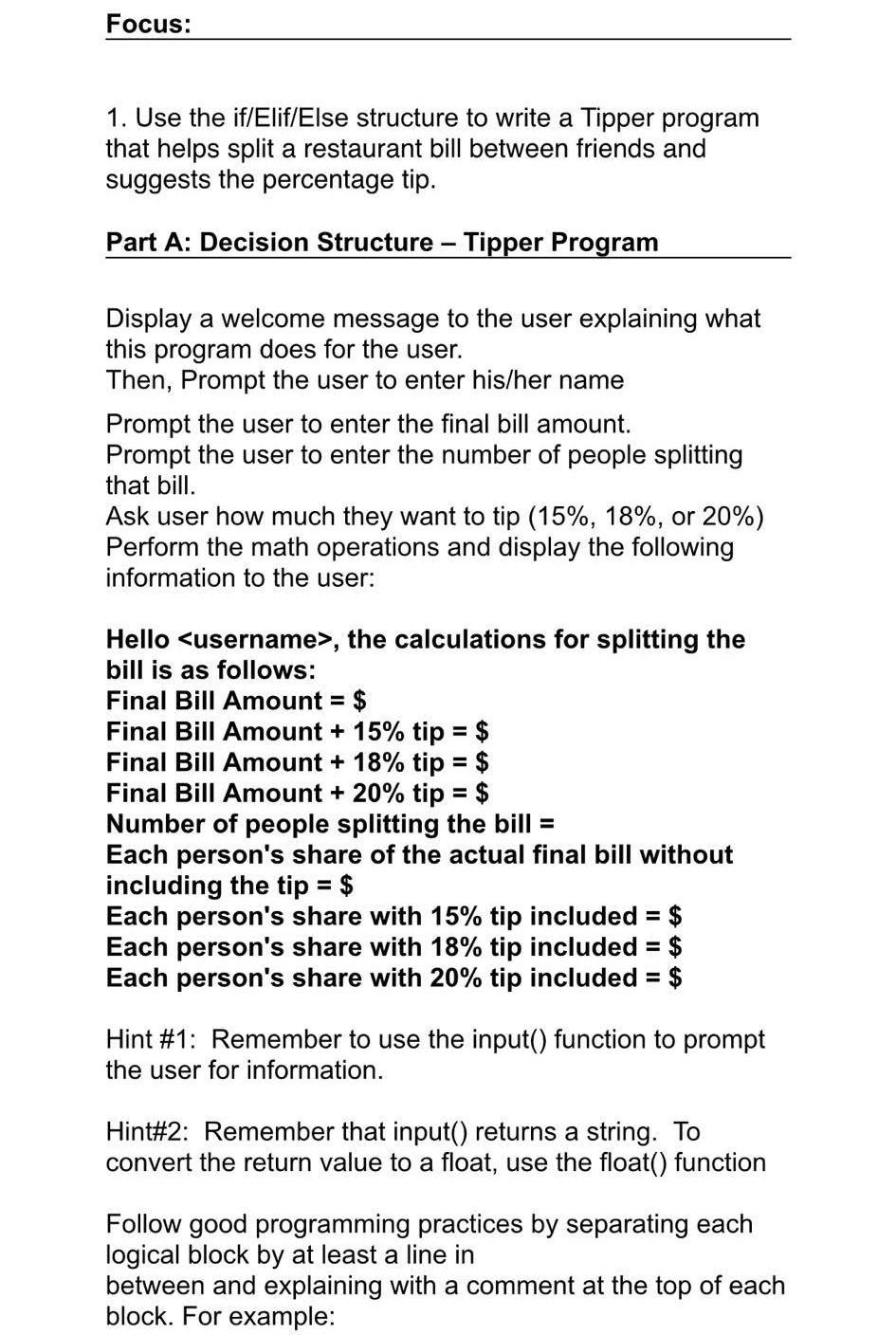 user inputs for all variables code for user input # Internal calculation