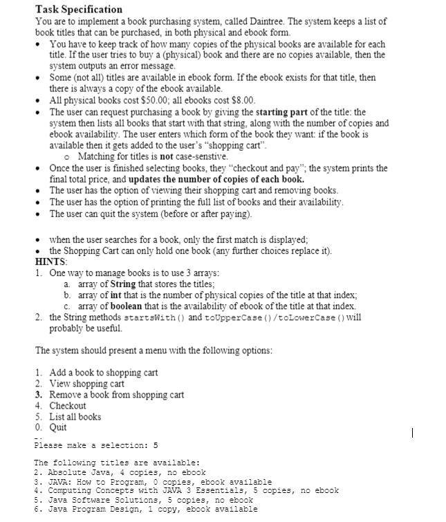 JAVA code: Task Specification You are to implement a book purchasing system,