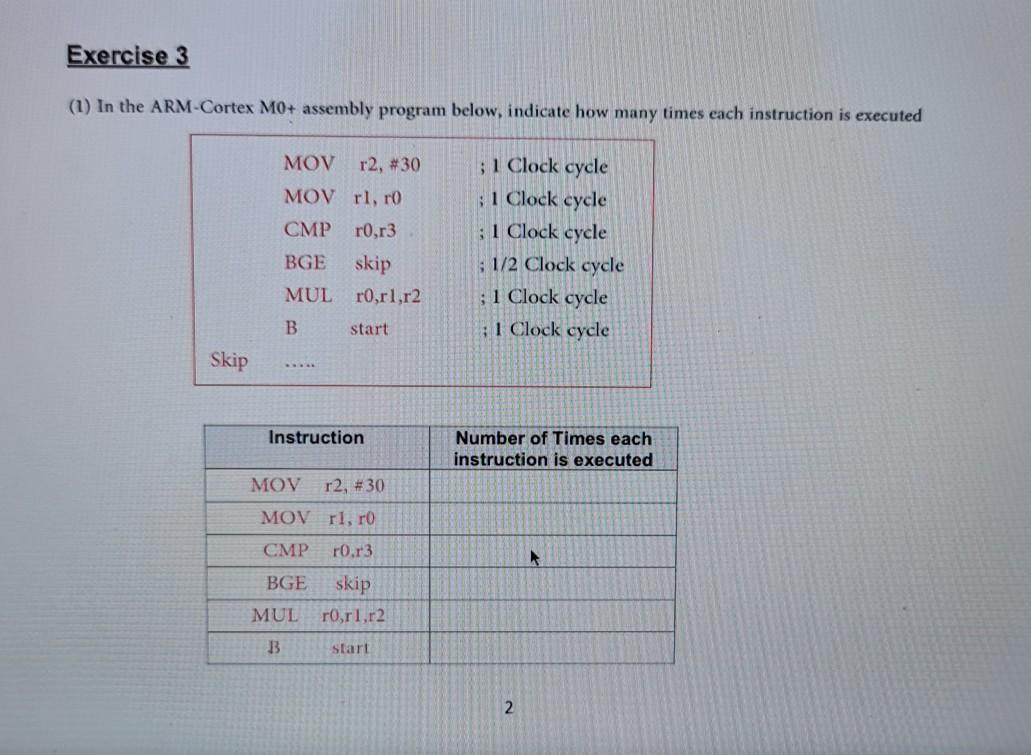  Exercise 3 (1) In the ARM-Cortex M0+ assembly program below, indicate