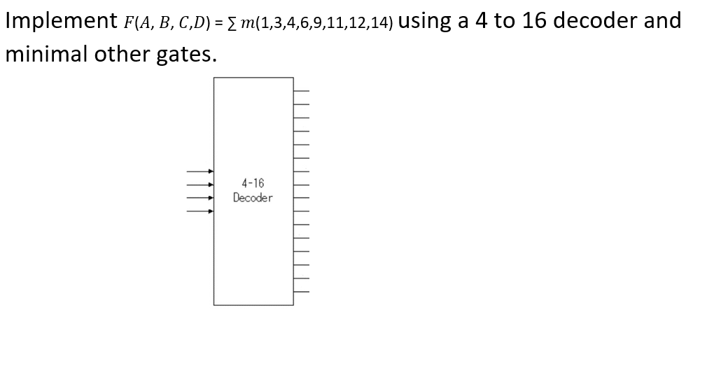  Implement F(A, B, C,D)= m(1,3,4,6,9,11,12,14) using a 4 to 16 decoder