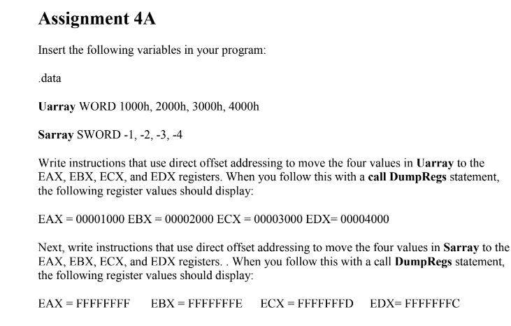  Assignment 4A Insert the following variables in your program: data Uarray
