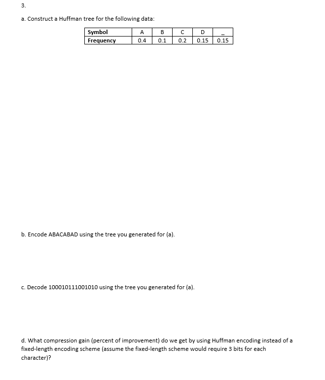  a. Construct a Huffman tree for the following data: Symbol Frequency