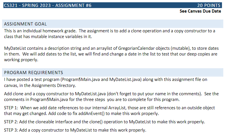  Program5Main.java: import java.util.GregorianCalendar; /** * Main program to test drive our