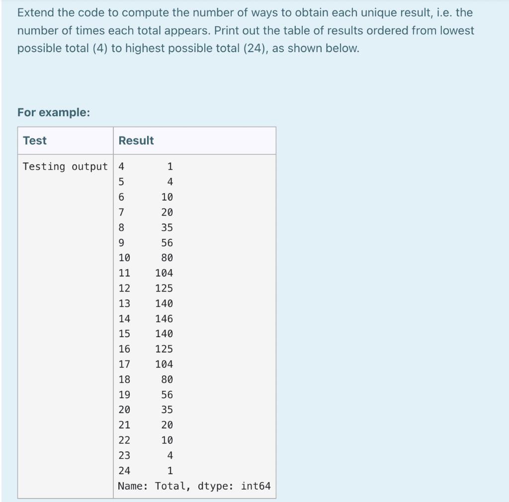 The code below creates a table for the outcomes when 4 dice