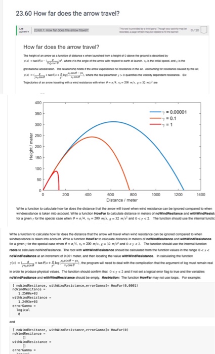  In matlab. Pls help! 23.60 How far does the arrow travel?