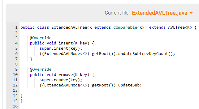 and AVLNode must be overridden in ExtendedAVLTree and ExtendedAVLNode to keep each