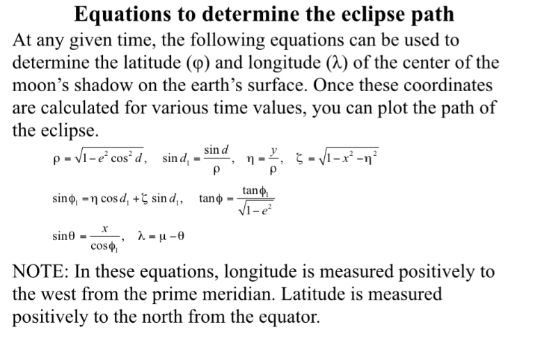  Write these equations in matlab; Equations to determine the eclipse path
