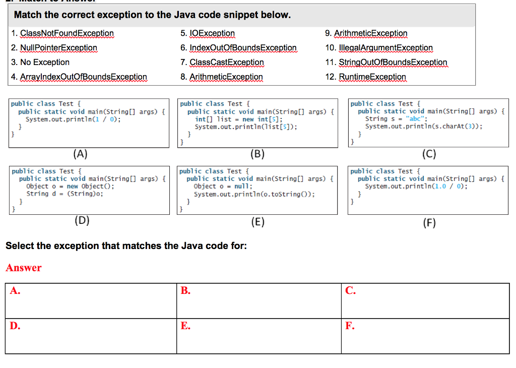 Match the correct exception to the Java code snippet below. 1.
