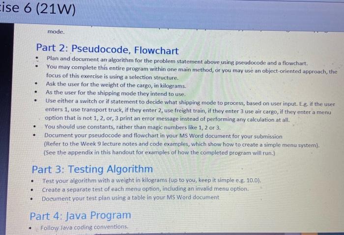 new shipping company wants a program that calculates cargo shipping via transport