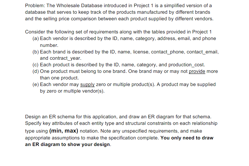 Problem: The Wholesale Database introduced in Project 1 is a simplified
