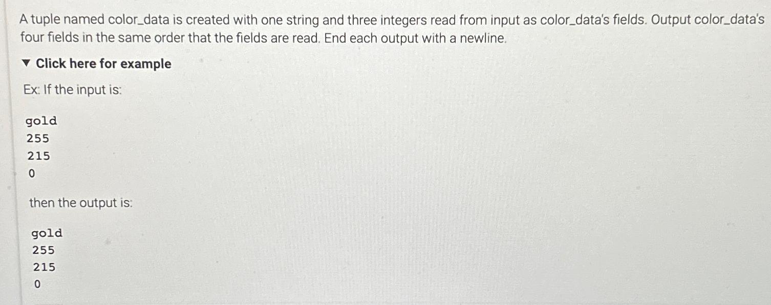  A tuple named color_data is created with one string and three