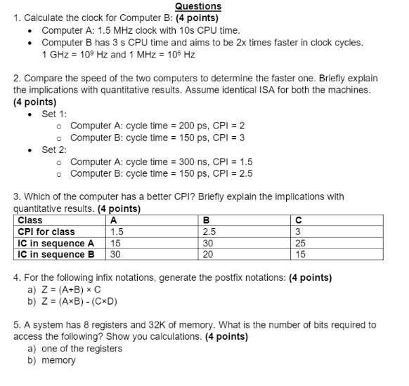  Answer all questions Questions 1. Calculate the clock for Computer B: