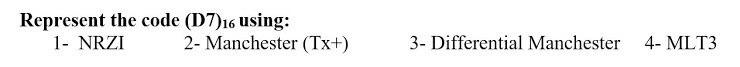  Represent the code (D7)16 using: 1- NRZI 2- Manchester (Tx+) 3-
