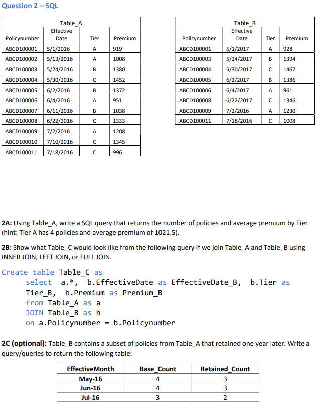  Question 2 - SQL Table B Effective Date Tier Premium Tier