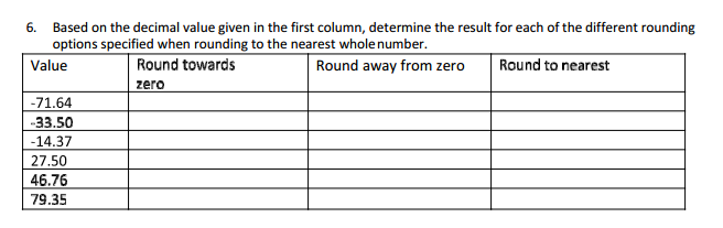  Based on the decimal value given in the first column, determine