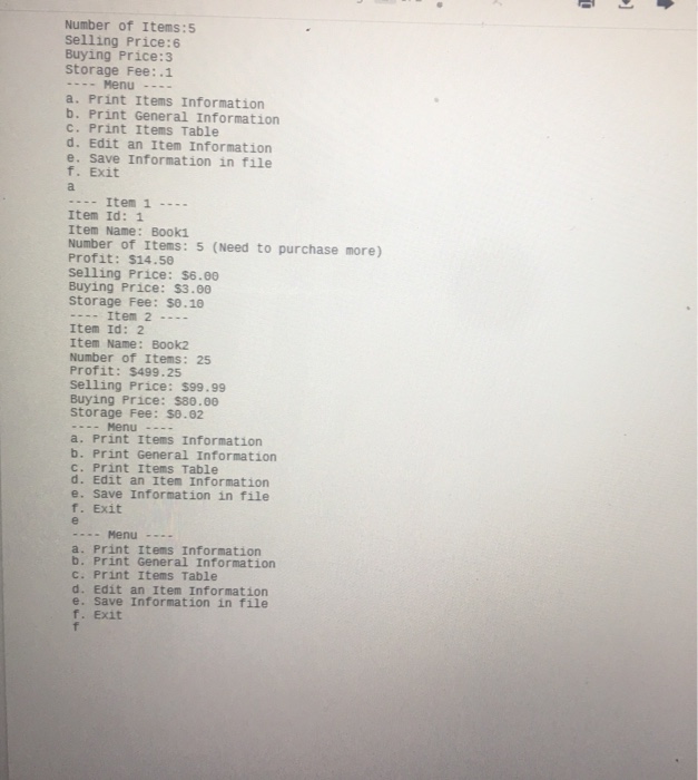 about Item ID Item Name, Number of Items, Buying Prince, Selling Price,