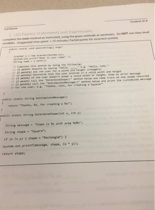  Complete the main method as instructed, using the given methods as