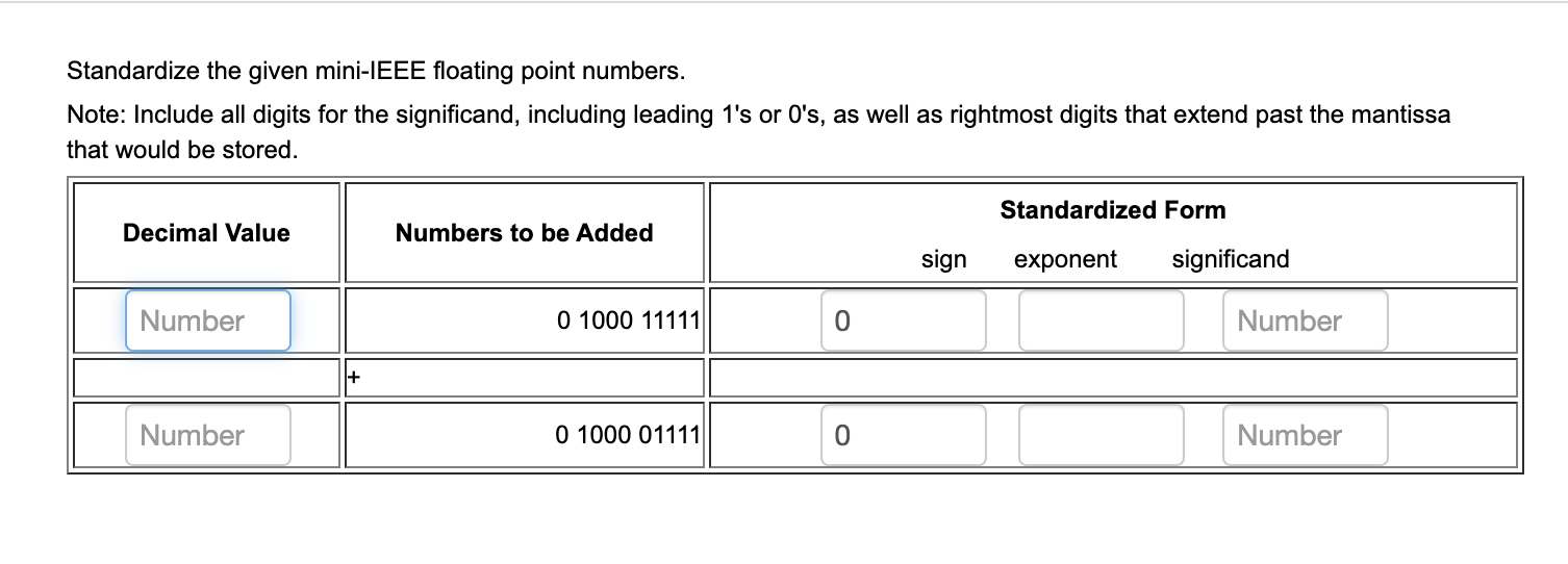  Standardize the given mini-IEEE floating point numbers. Note: Include all digits