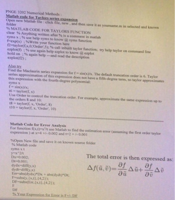  PNGE 3202 Numerical Methods : Matlab code for Taylors series expansion