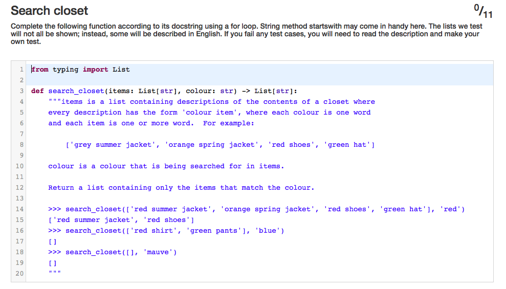 Python: Looping with Lists Search closet Complete the following function according to