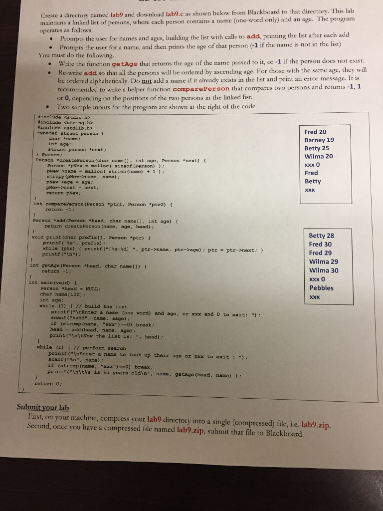  starting code #include #include #include typedef struct person { char *name;