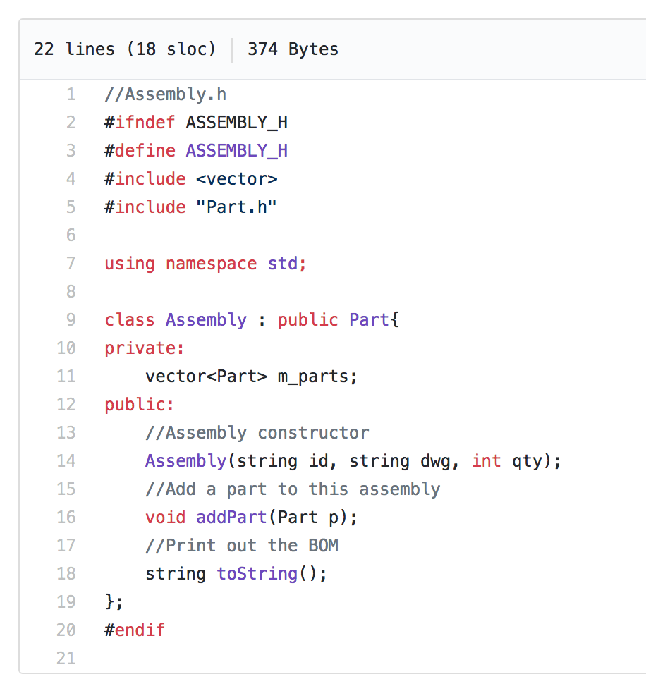 Assembly(string id, string dwg, int qty); //Add a part to this assembly