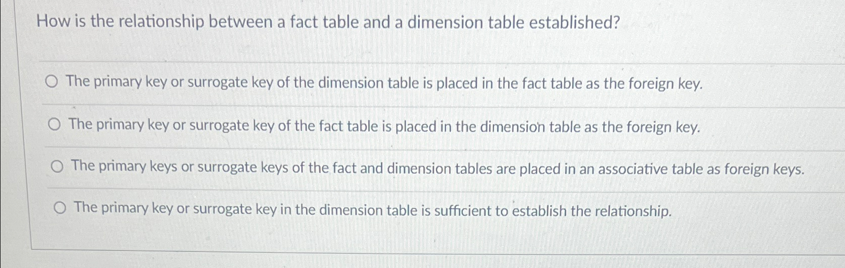  How is the relationship between a fact table and a dimension