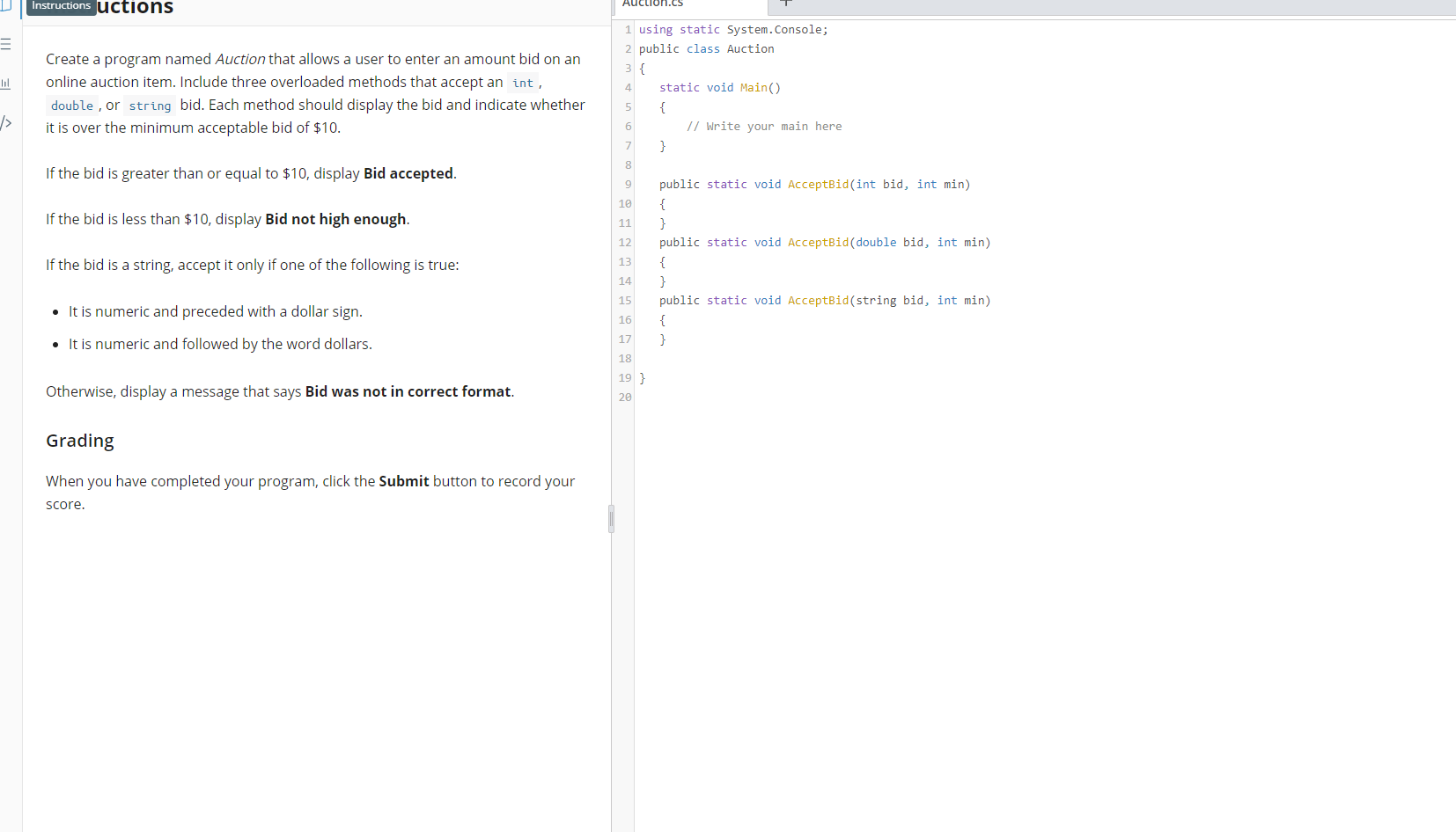  Instructions uctions Auction.cs lil 4 1 using static System.Console; 2 public