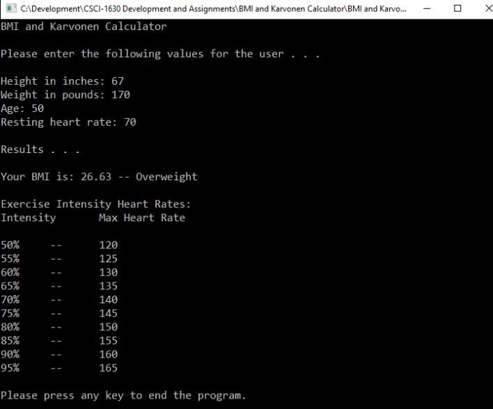 specific exercise intensity percentages calculated using the Karvonen formula. BMI BMI is