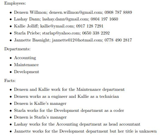  Using the database formed from entities and facts above, write queries