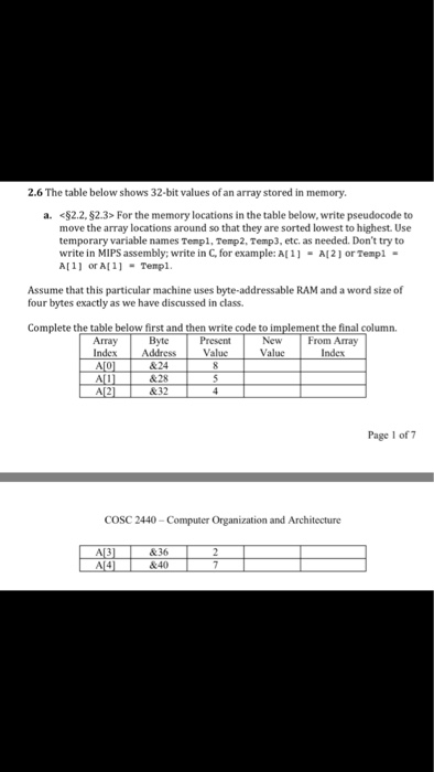  2.6 The table below shows 32-bit values of an array stored