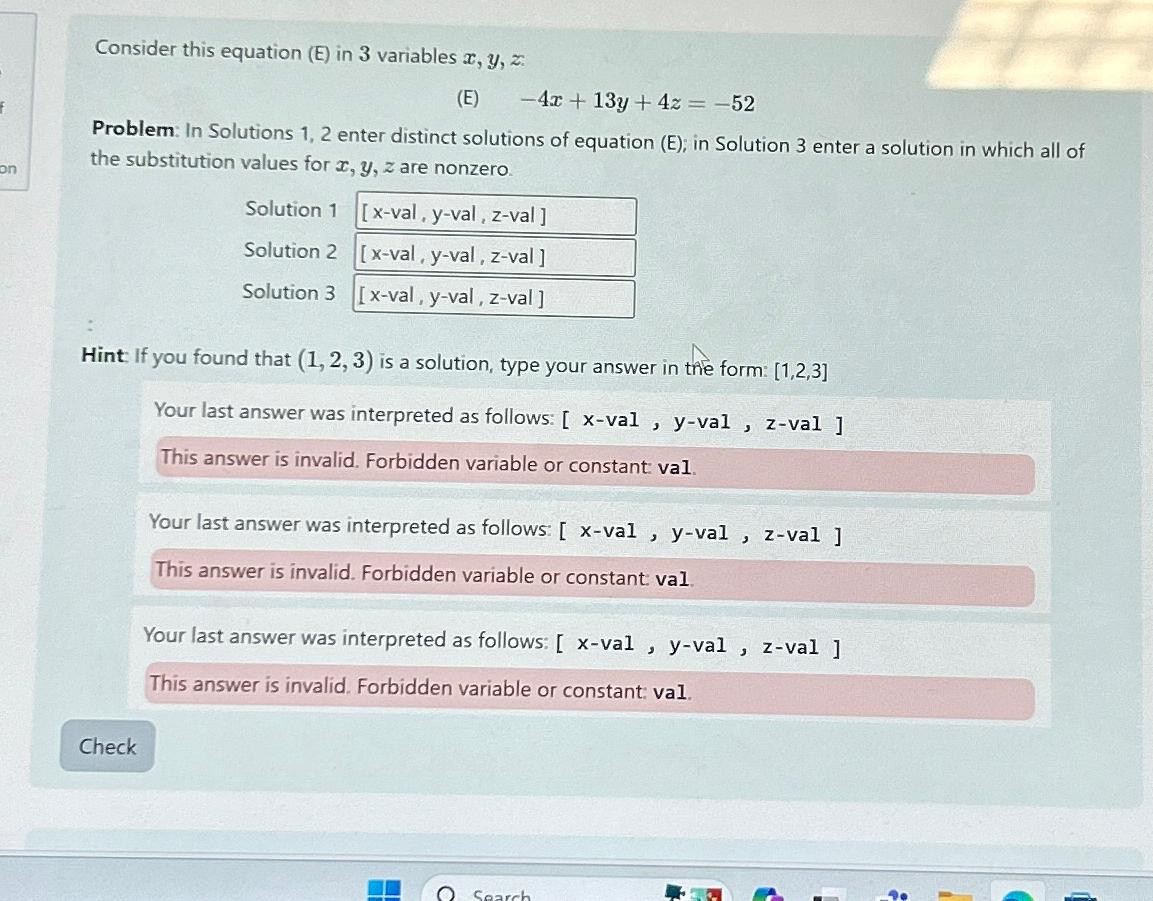  Consider this equation (E) in 3 variables x,y,z: (E),-4x+13y+4z=-52 Problem: In