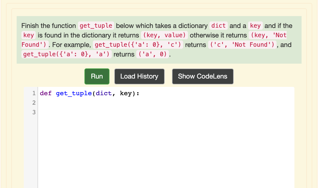 [PYTHON] Finish the function get_tuple below which takes a dictionary dict and