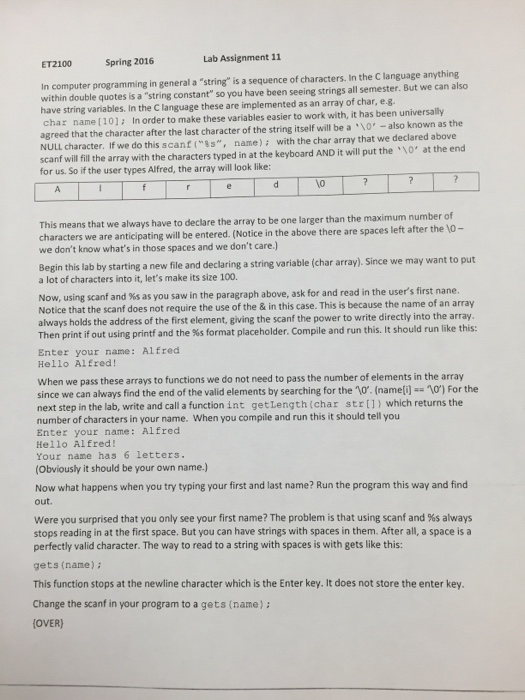 Write in C Spring 2016 Lab Assignment 11 ET2100 In computer