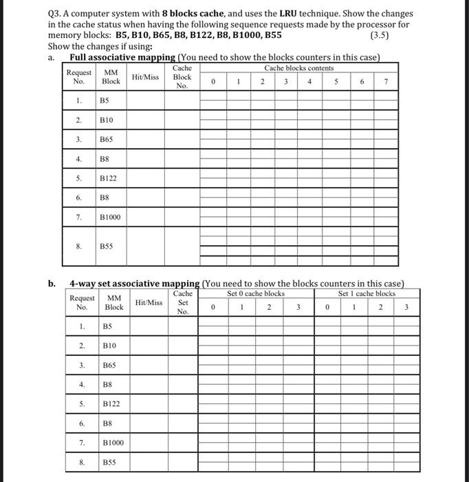 Q3. A computer system with 8 blocks cache, and uses the