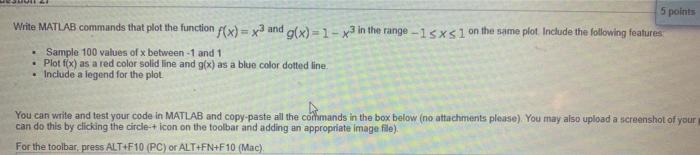  5 points Write MATLAB commands that plot the function f(x) =