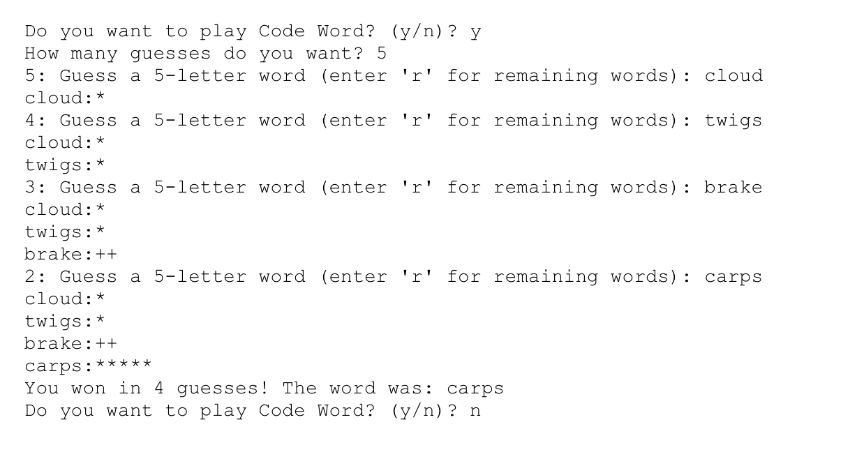 Prototype for a Code Word game in CS1 import java.util.Scanner; public class