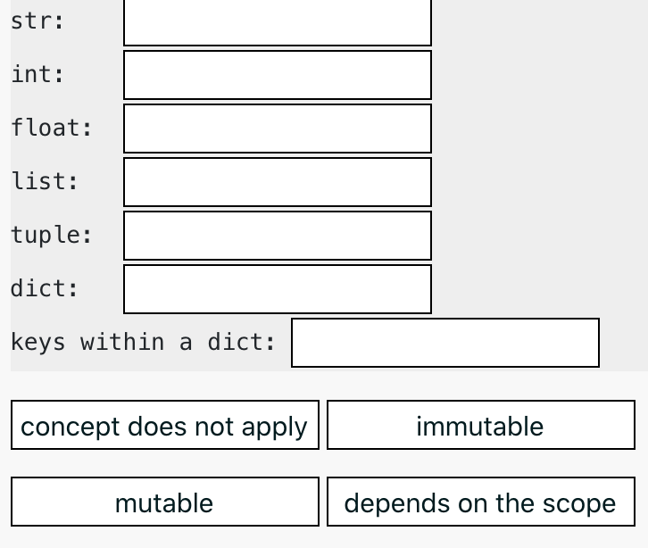 Python concept question. Built-in Python data types str: int: float: list: tuple: