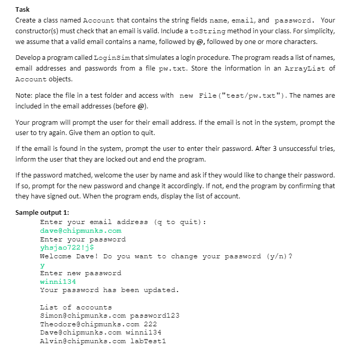 CODE IN JAVA Task Create a class named Account that contains the