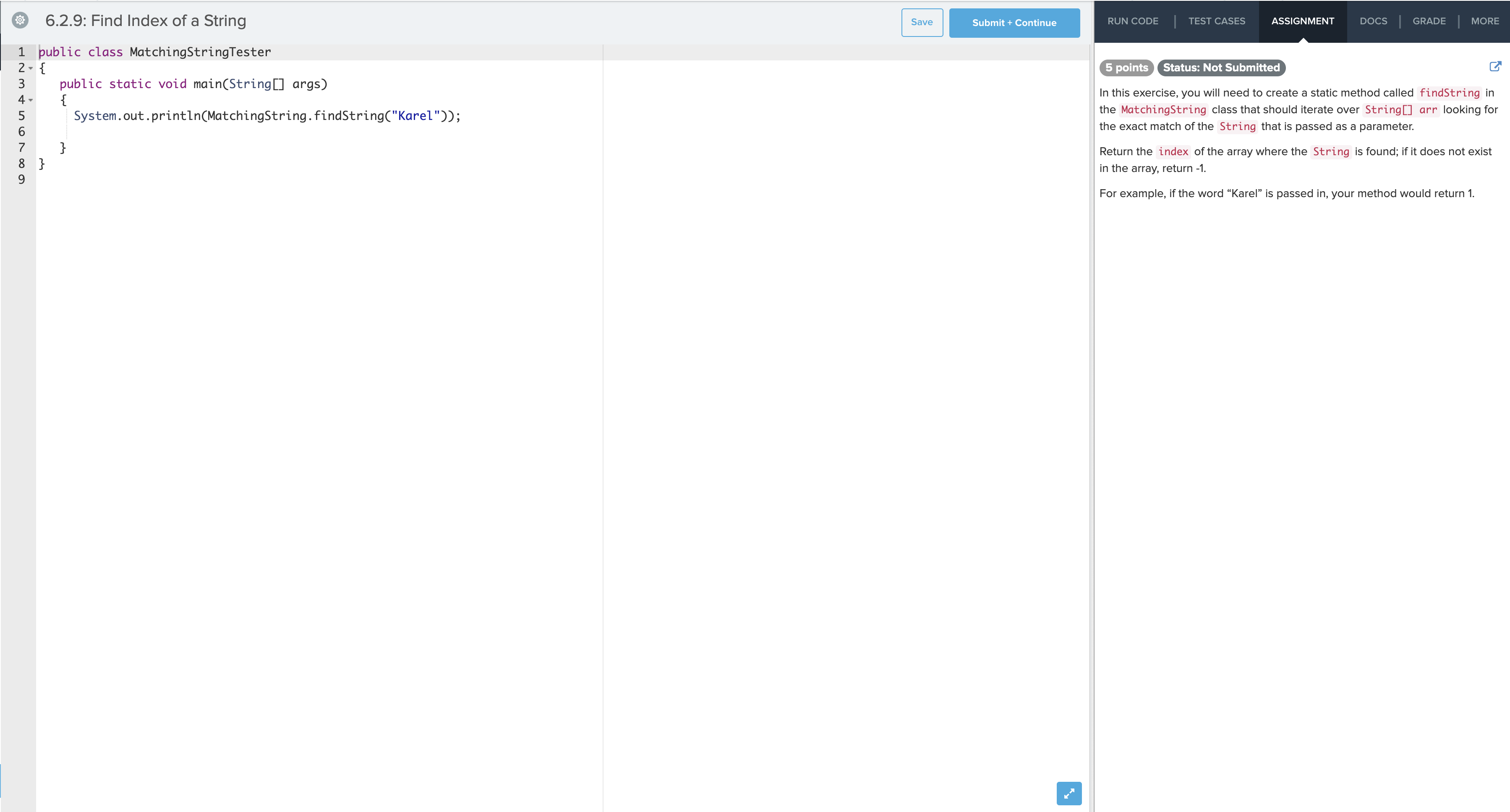 6.2.9 Find Index of a String Please complete the code in Java
