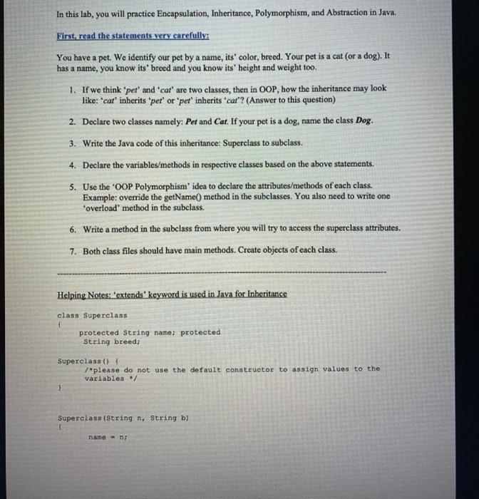  In this lab, you will practice Encapsulation, Inheritance, Polymorphism, and Abstraction