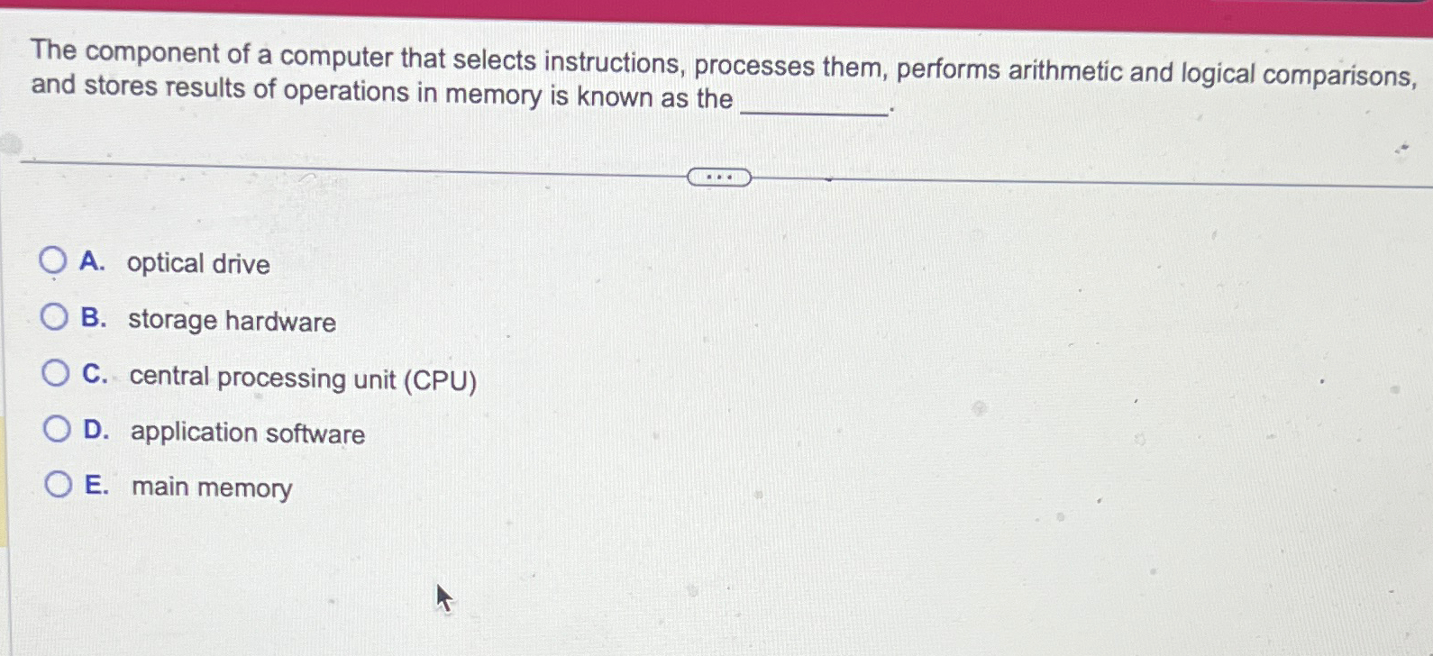  The component of a computer that selects instructions, processes them, performs